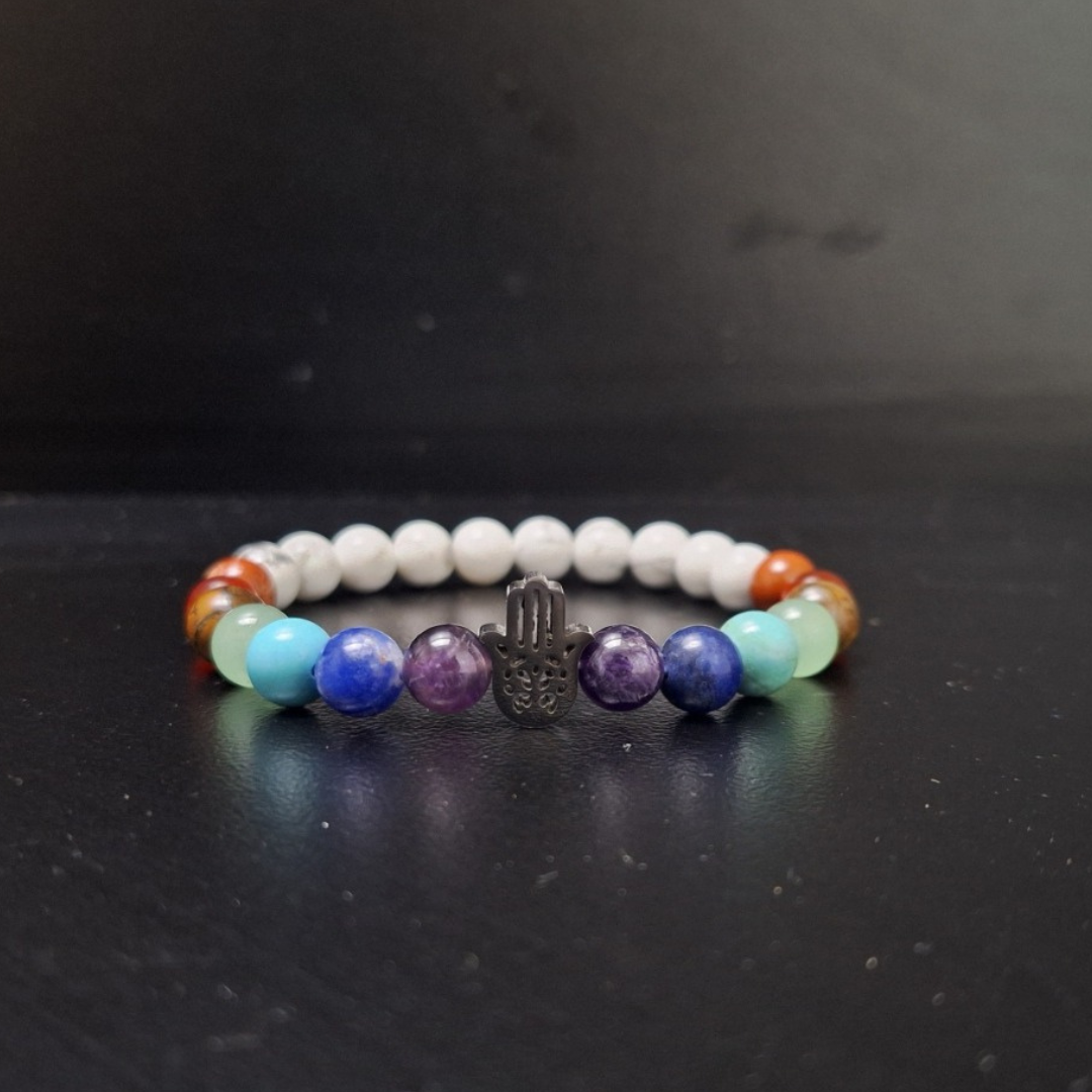 Chakra Bracelet 4 w/Hamsa (Howlite)