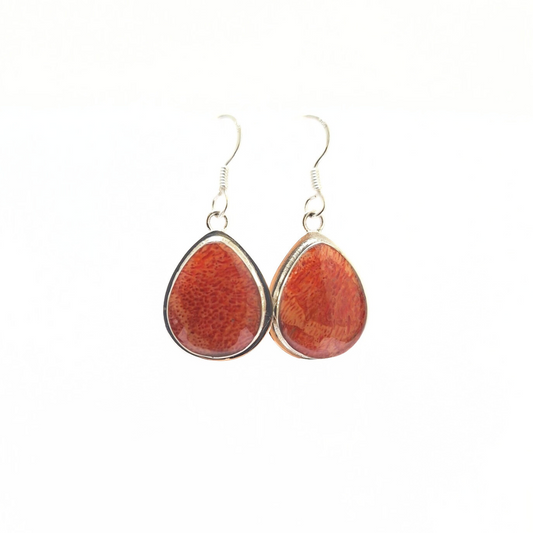 Red Coral Pear Earrings |Silver