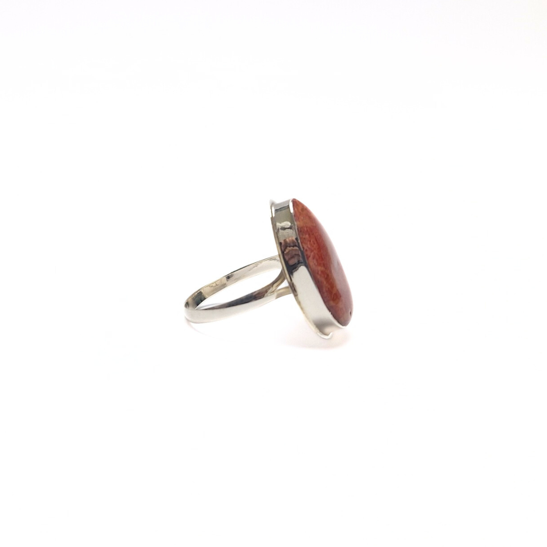 Red Coral Pear Ring (18x22) |Silver