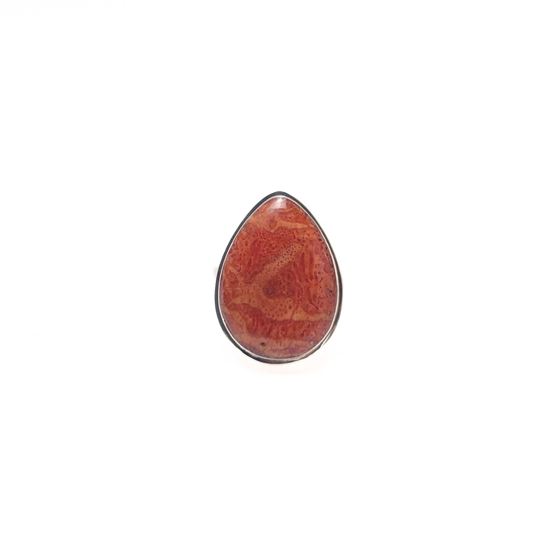 Red Coral Pear Ring (18x22) |Silver