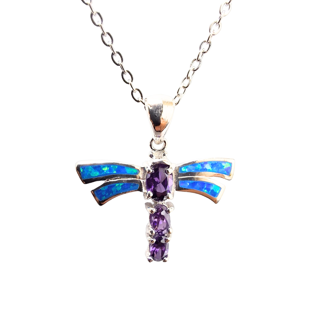 Opal And Amethyst Dragonfly Pendant |Silver