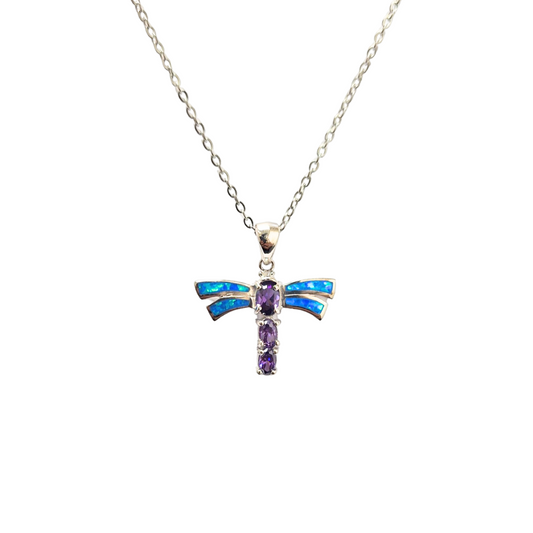 Opal And Amethyst Dragonfly Pendant |Silver