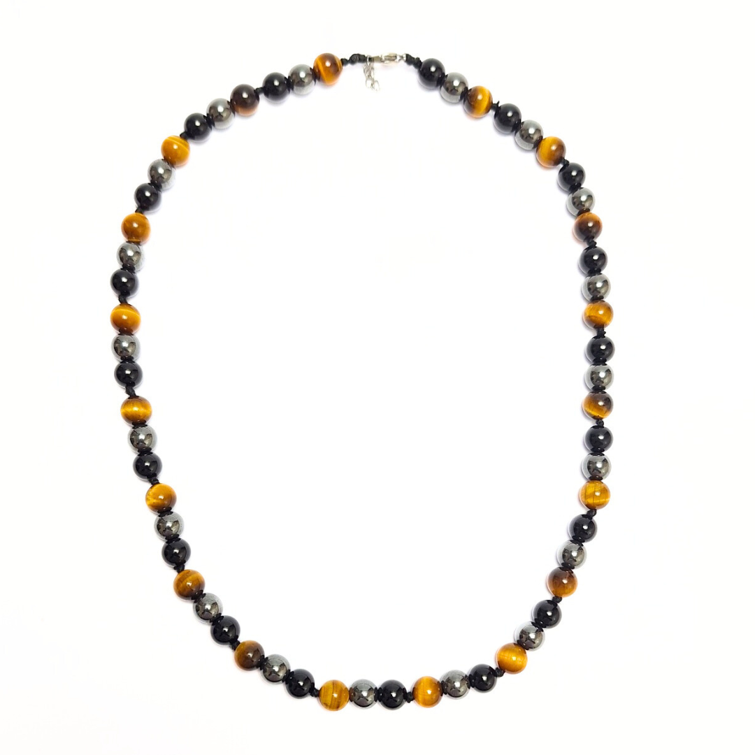 Triple Protection Beaded Necklace - Tigers eye, Hematite, Obsidian