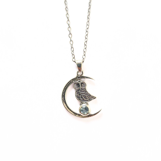 Blue Topaz Owl Pendant |Silver