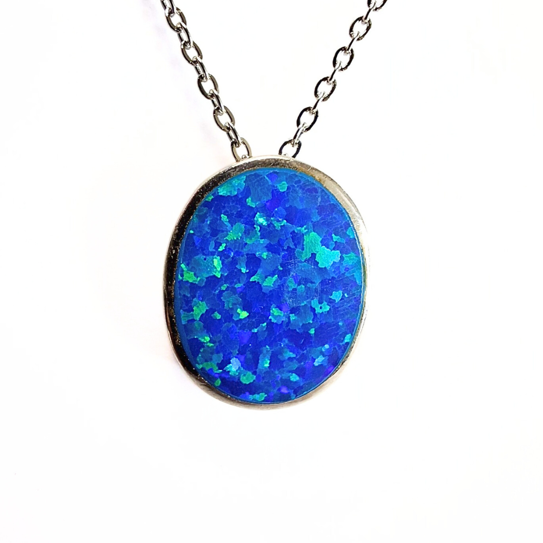 Blue Opal Oval Pendant (13x22) |Silver