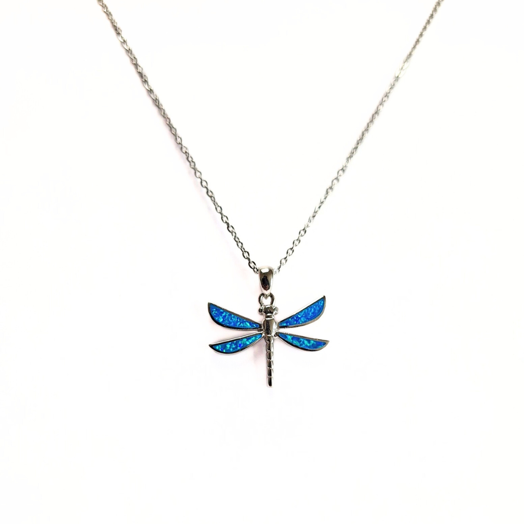 Blue Opal Dragonfly Pendant |Silver