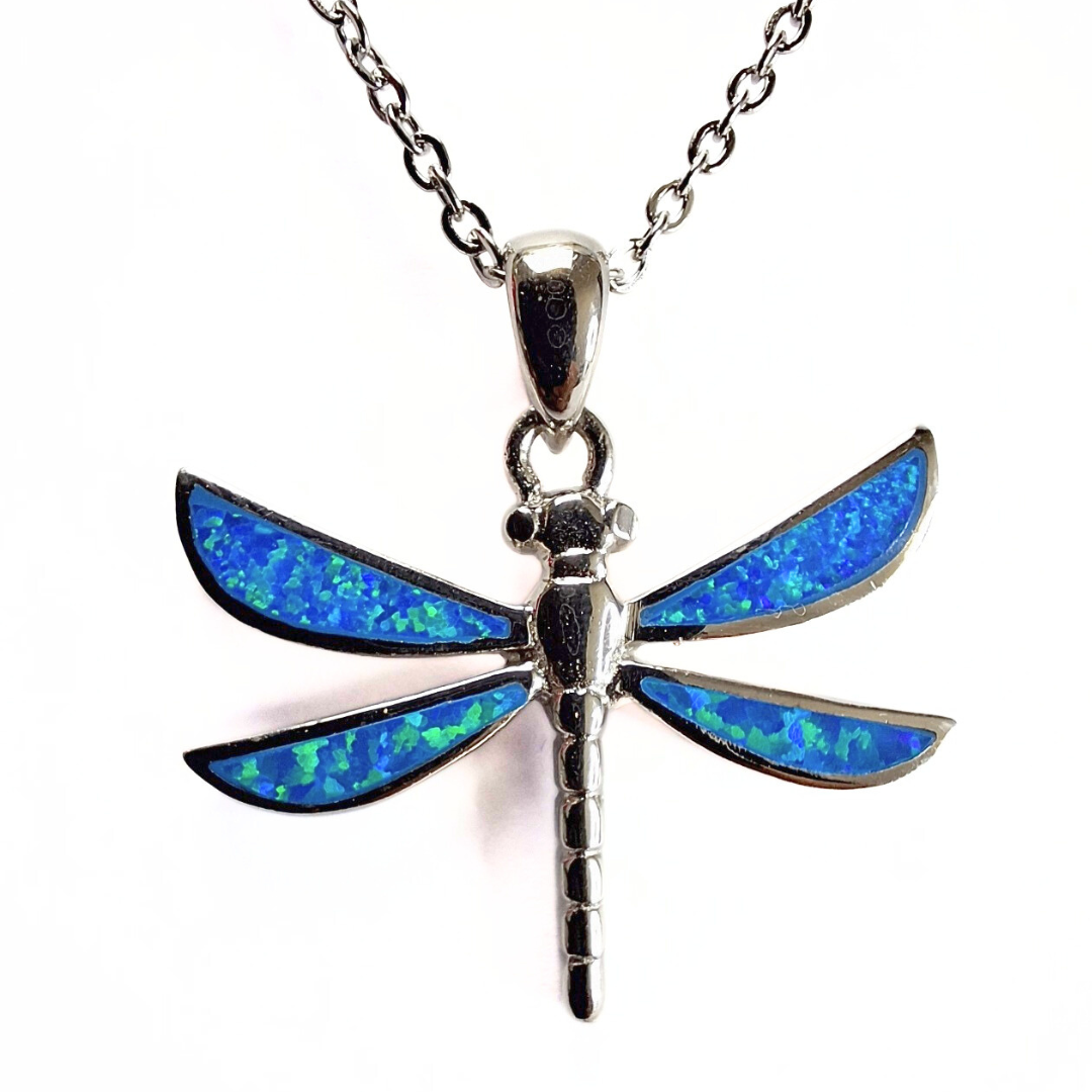 Blue Opal Dragonfly Pendant |Silver