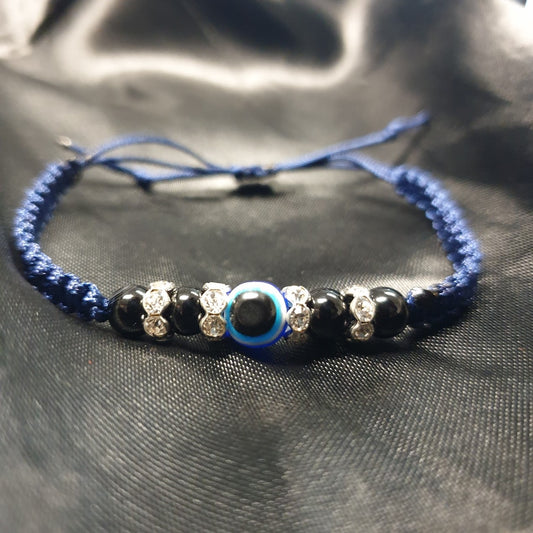 Evil Eye & Onyx Macrame Bracelet (Blue)