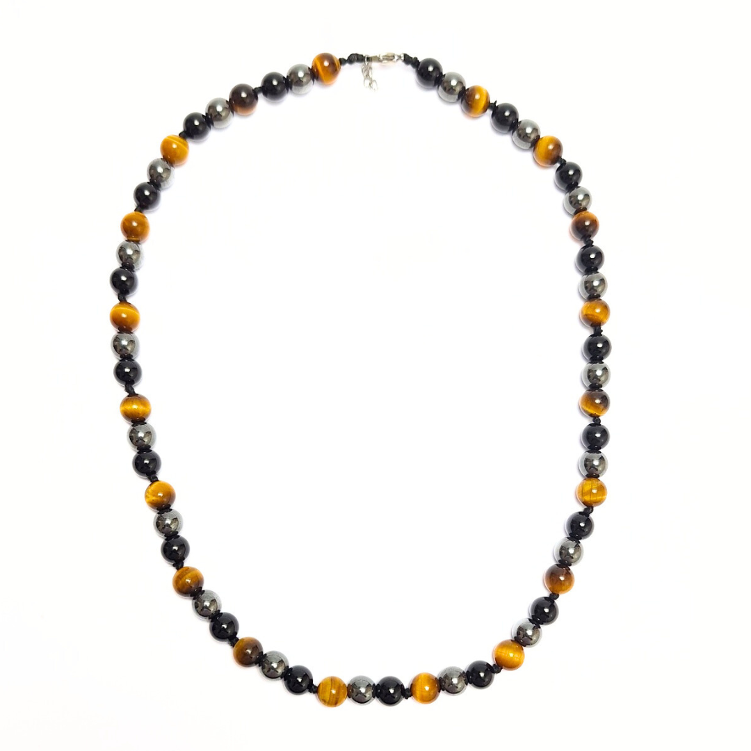 Triple Protection Beaded Necklace – Tigers eye, Hematite, Obsidian